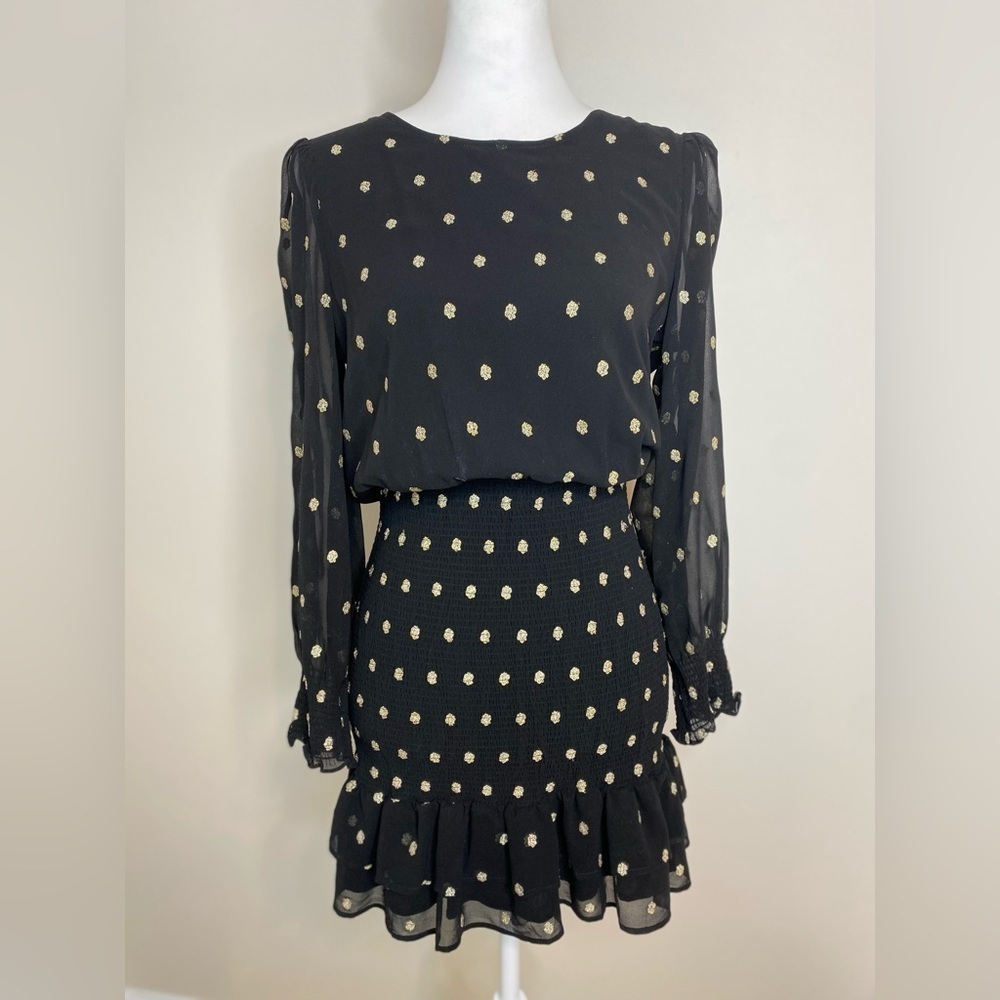 NWT saltwater LUXE Novalie Mini Long Sleeve Rouged Dress in Black & Gold…